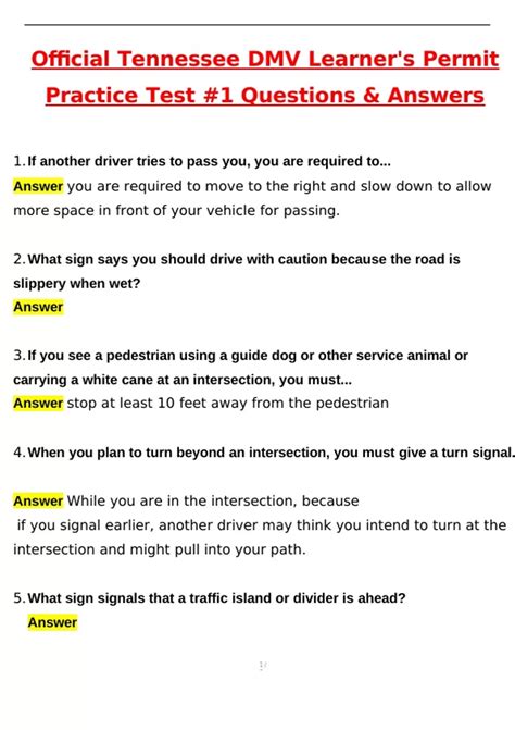 Official Tennessee DMV Learners Permit Practice Test 1 Latest 2025 ...