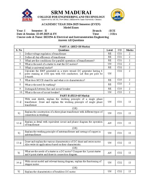 BE3254 ECE II Semester Model Exam: Electrical & Instrumentation ...