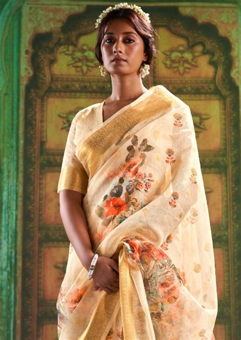 Pure Linen Digital Print Cream Saree – Sunasa