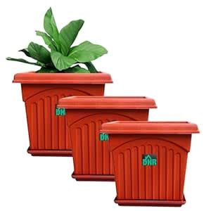 DHR Plastic Square Flower Pots | Planters with Bottom Plates - 3 Pcs ...