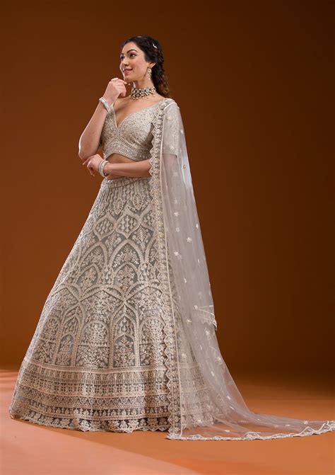 Buy Grey Pearlwork Net Readymade Lehenga - Koskii