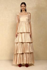 Buy Gold Crepe Solid Square Neck Tiered Ruffle Gown For Women by Dania ...