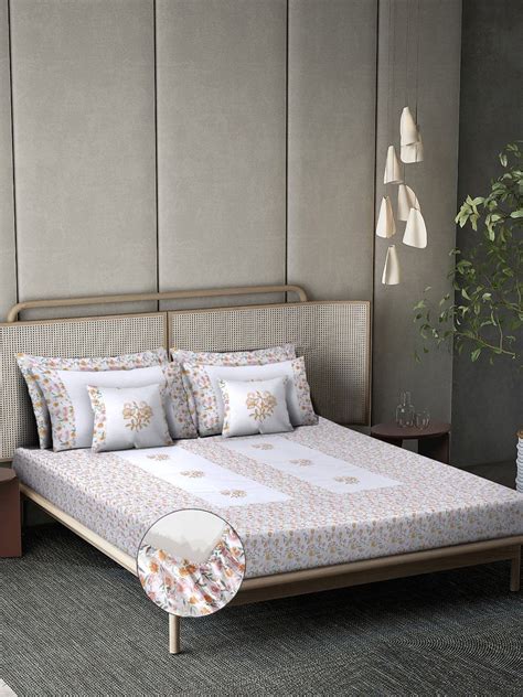 White Floral Embroidered 400 TC Cotton Fitted Double Bedsheet with 4 P ...