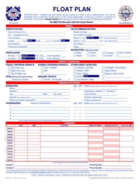 Fillable Online uscg USCG Float Plan Millennium Edition . Search and ...