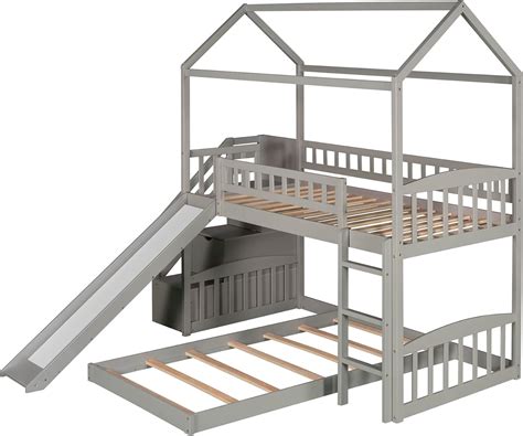 Buy Kids Bunk Bed with Slide, Cabin Twin Bunk Bed with Stairs, House ...