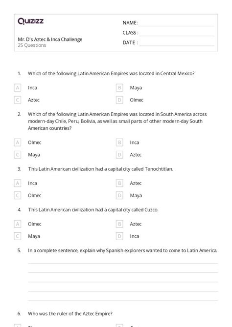 50+ inca civilization worksheets for 6th Class on Quizizz | Free ...