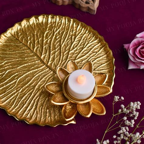 Buy Lotus Leaf Golden Pooja Thali Online in India - Mypoojabox.in