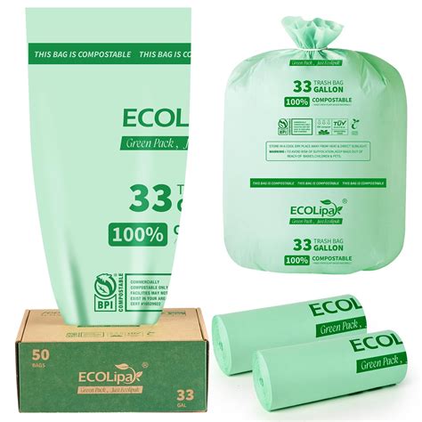 ECOLipak 33 Gallon Compostable Trash Garbage Bags, 50 Count (2 Rolls ...