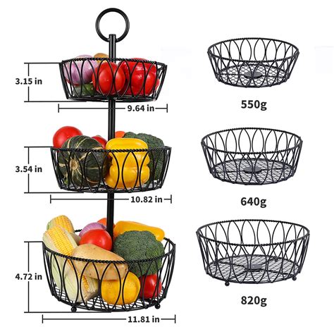 3-Tier Counter Fruit Basket Bowl Storage - Detachable Metal Wire Fruit ...