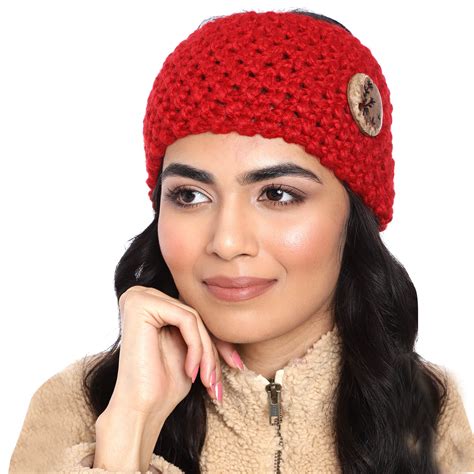 Thick Woolen Headband With Carved Button - Red 1566