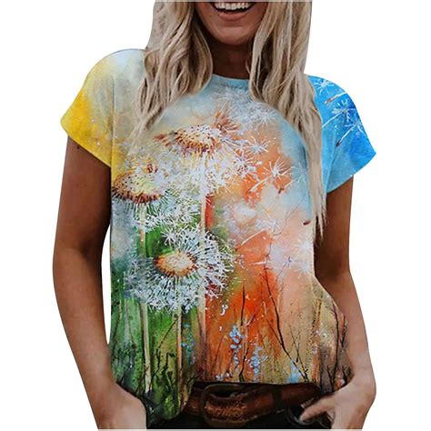 Buy Women's Short Sleeve Summer Tops Flowers Print Flowy Loose Blouses ...