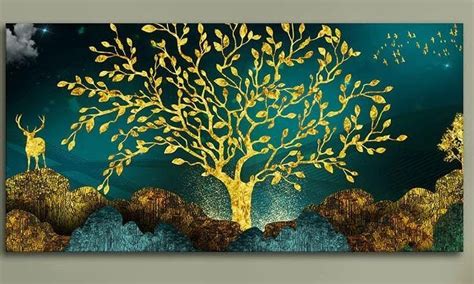Golden Trees and Deer with Hills Premium Canvas Print Wall Painting ...