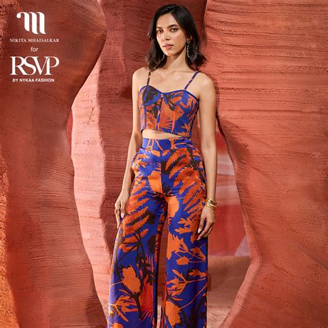 Buy Nikita Mhaisalkar Blue and Rust Floral Print High Waist Wide Leg ...