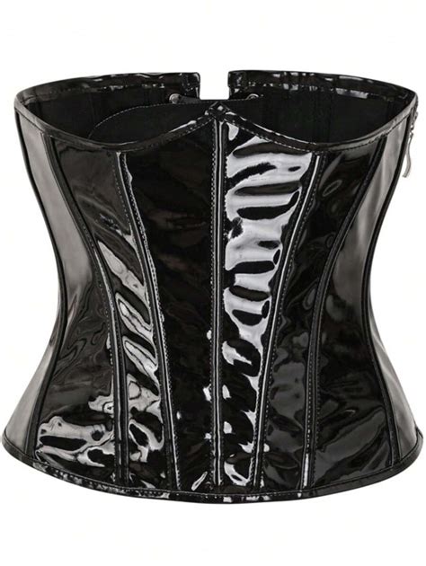 1pc Women's Shiny Leather Crop Top Bustier With Side Zipper, Back Strap ...