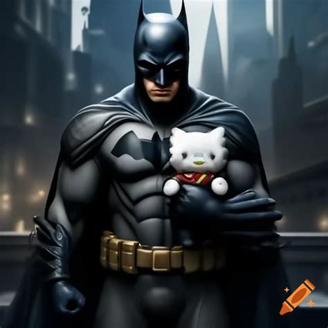 Batman holding Hello Kitty while overlooking Gotham City on Craiyon