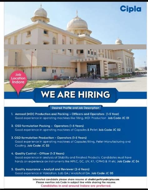 Cipla Ltd - Multiple urgent Openings in Production | Packing | QC | QA ...
