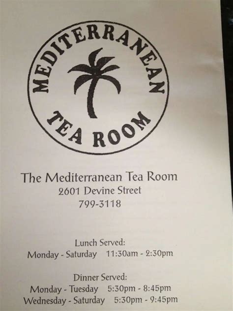 Menu at Mediterranean Tea Room restaurant, Columbia