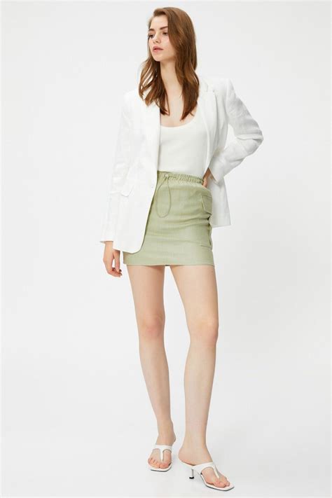Light Green Mini Cargo Linen Blend Skirt with Elastic Waist and Pockets ...