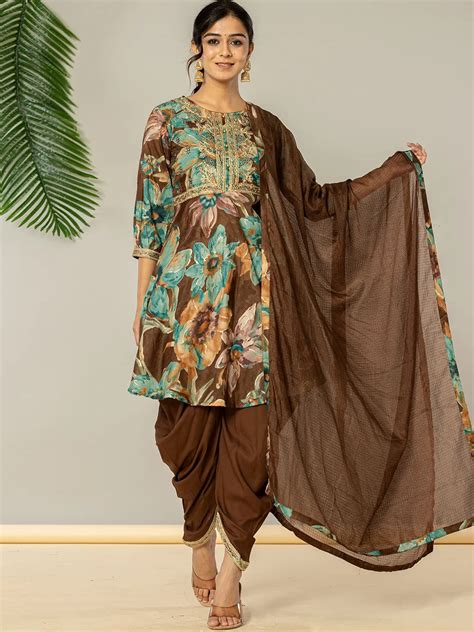 Cotton Brown Zari Work Kurta Dhoti Dupatta Set – Yufta Store