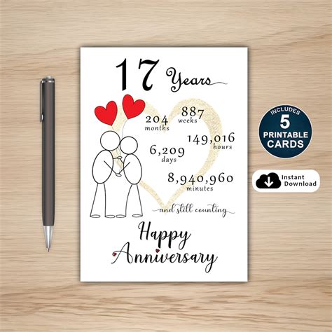 17th Anniversary Card, Printable 17th Anniversary Card, 17 Year ...
