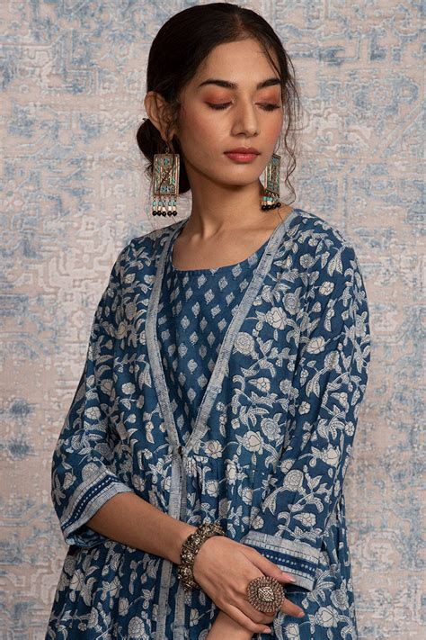 Buy Indigo Block Printed A-Line Cotton Kurta for Women | FGJAK20-01 ...