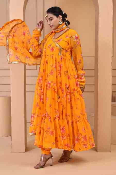 Buy Yellow Chiffon Printed Floral V Neck Angrakha Anarkali Set For ...