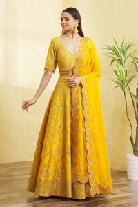 Buy Yellow Dupion Silk Embroidered Mirror And Gota Work V Neck & Bridal ...