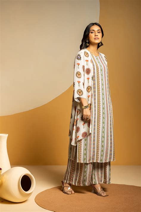 Shop Off White printed kurta set with jacket for women Online
