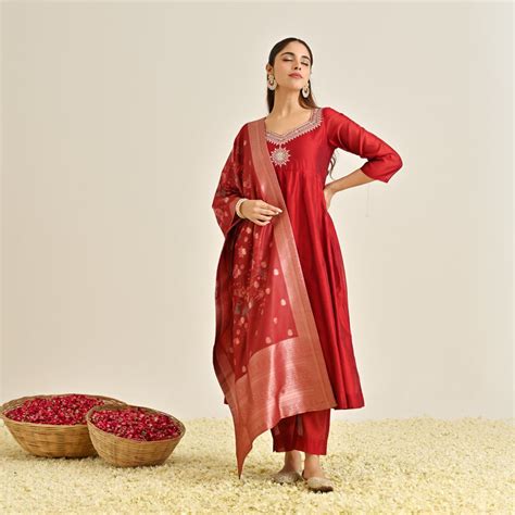 Buy Red Festive Anarkali Set with Brocade Dupatta | Rustorange