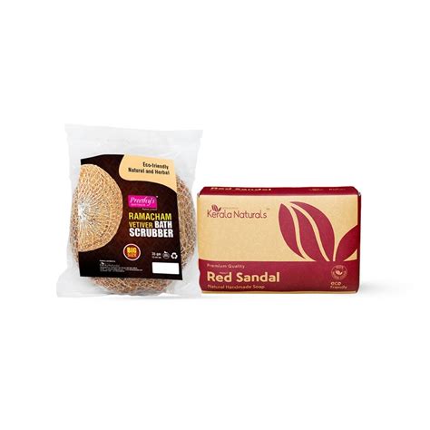 Premium Quality Red Sandal Soap + Ramacham Bath Scrubber - Kerala Naturals