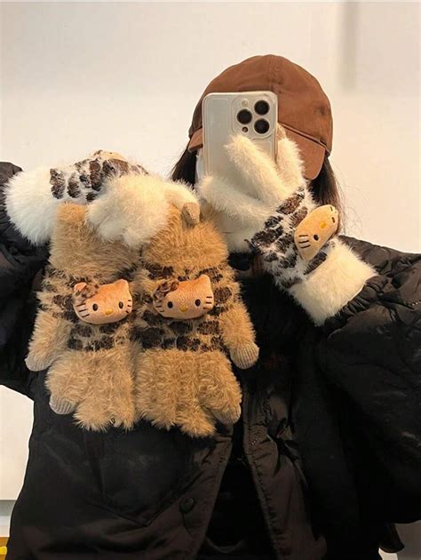 Sanrio 1pc Sanrio Hello Kitty Leopard Print Knitted Gloves For Women ...