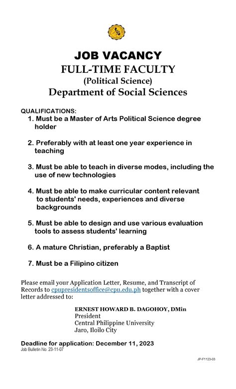 Job Vacancy - Full-time Faculty (Political Science) - Central ...