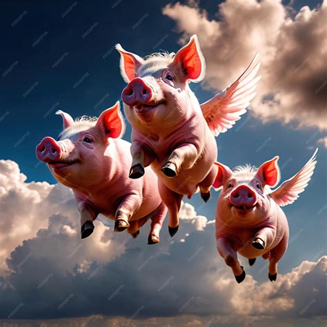 Premium Photo | Flying pigs with wings in sky with clouds smiling