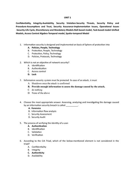 18CSC364J - Information Security MCQ UNIT 1 - UNIT 1 Confidentiality ...