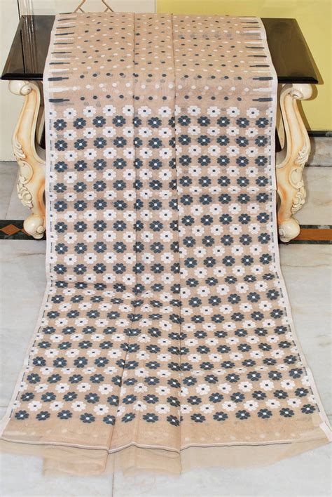 Woven Hazar Butti Work Jamdani Saree in Beige, Off White and Black ...