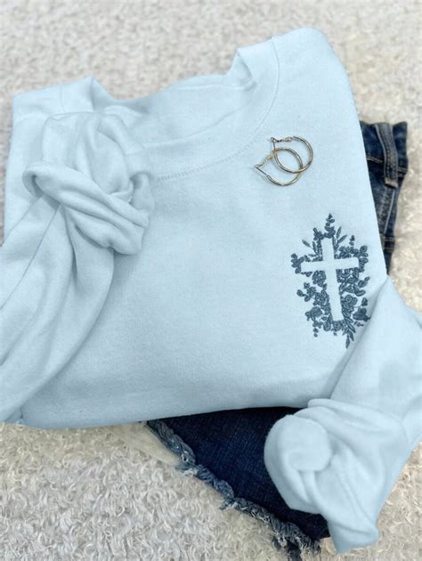 SHEIN EZwear New Embroidered Floral Cross Sweatshirt/Religion Based ...