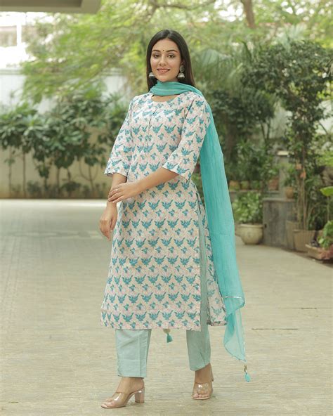 AQUA BLUE COTTON HANDBLOCK SUIT SET – Gulabi Dori