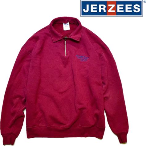 1点物 JERZEESロゴ刺繍ハーフジップスウェット古着メンズXL/XXLレディースOKアメカジ90sストリート/スポーツMixえんじ色 ...