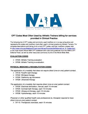 Fillable Online CPT Codes Most Often Used by Athletic Trainers billing ...