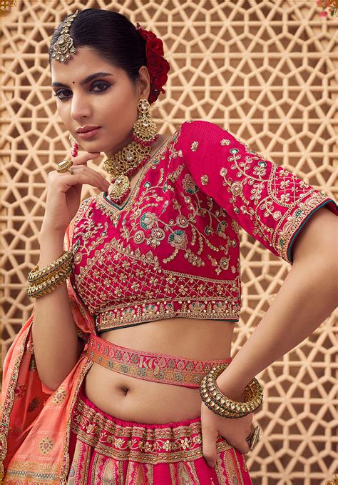 Women's Rani Pink & Peach Banarasi Silk Wedding Wear Lehenga With Embr ...