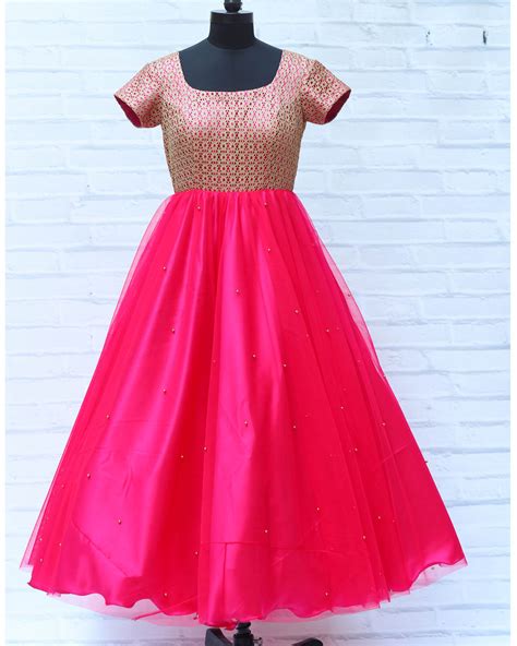 Buy Golden Embroidery Yoke With Dark Rani Pink Umbrella Gown Online ...