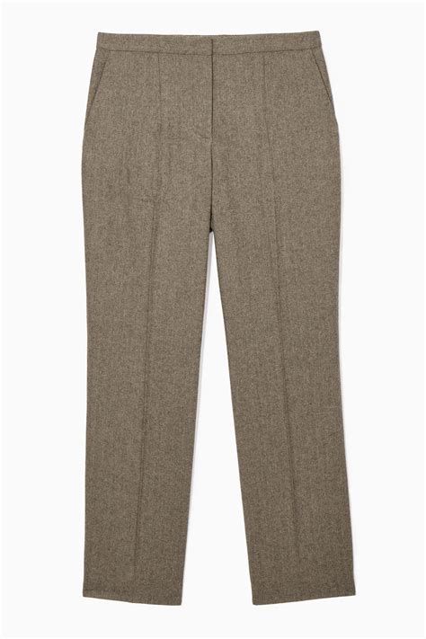 STRAIGHT-LEG WOOL-HERRINGBONE TROUSERS - BROWN / HERRINGBONE - Ladies ...