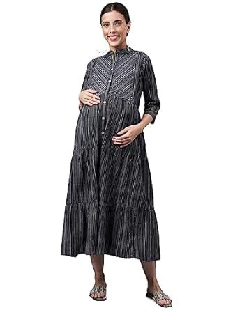 Buy Negen Cotton Calf Length Maternity Dresses for Women with Feeding ...