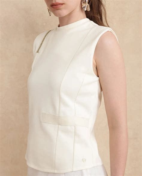 Rareism Women's Aytat Off White Cotton High Neck Plain Sleeveless Slim