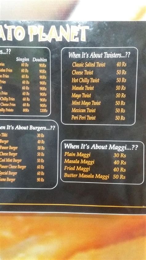 Menu at Potato Planet, Agra