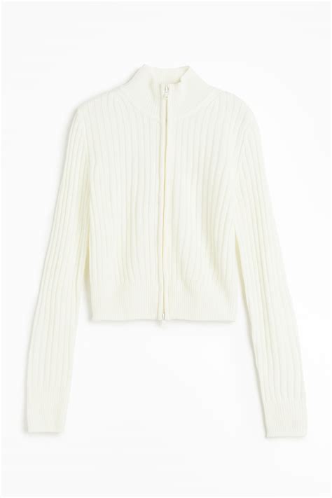 Women's Natural white Rib-knit zip-through cardigan | H&M IN