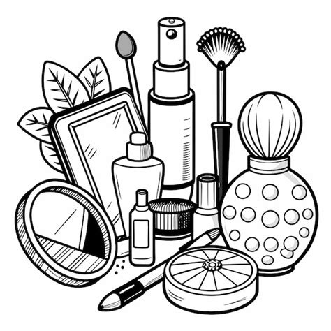 A black and white drawing of a collection of cosmetics and makeup ...