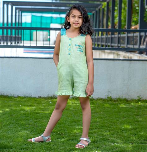 Girls Green Slub Cotton Romper – littlellama.in