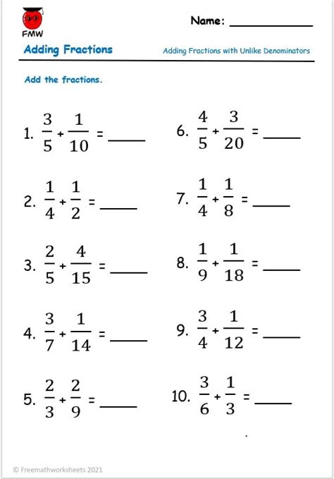Image result for Adding and Subtracting Unlike Fractions Worksheet