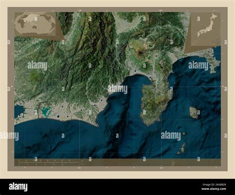 Shizuoka, prefecture of Japan. High resolution satellite map. Locations of major cities of the ...